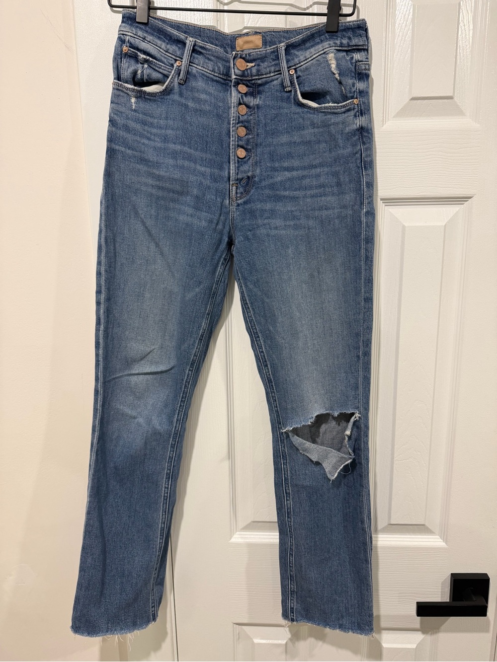 MOTHER Blue High-Rise Button-Fly Distressed Ankle Jeans